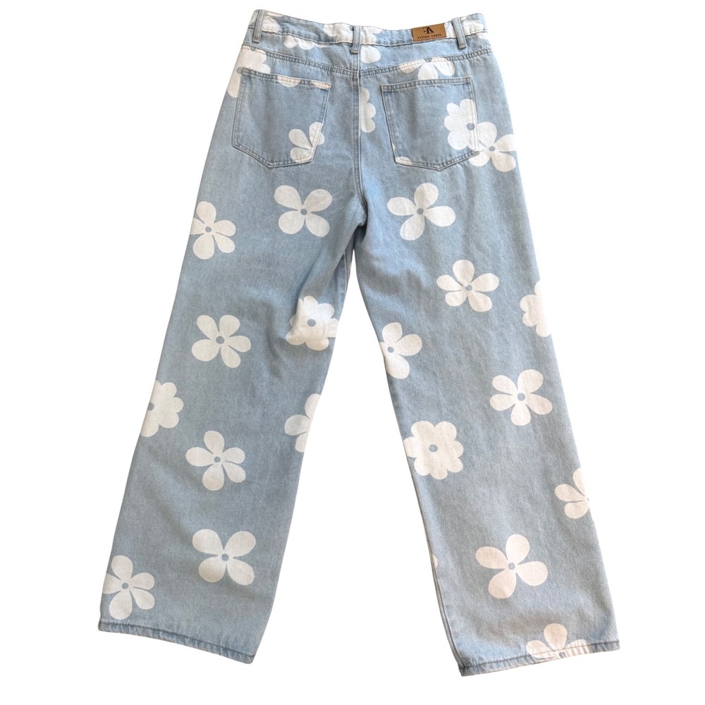 Flying Angel Daisy Floral Print Wide Leg Jeans Light Wash Blue White Size 13/31 - Picture 4 of 9
